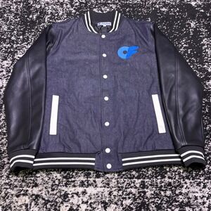 OnlyFans Mens Varsity Jacket Large Denim Faux Leather Sleeve Blue Logo Bomber